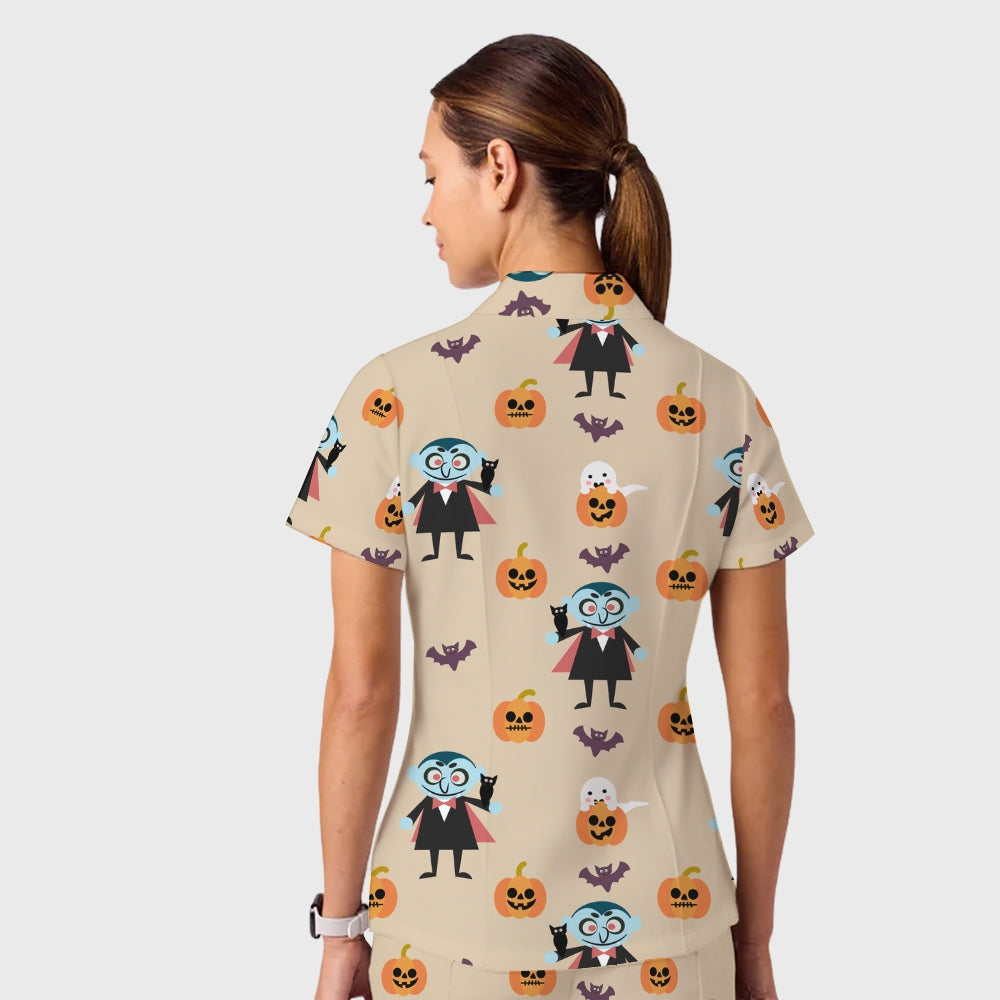 Women's Casual Shirt Collar Halloween Printed Scrub Set SJ92715
