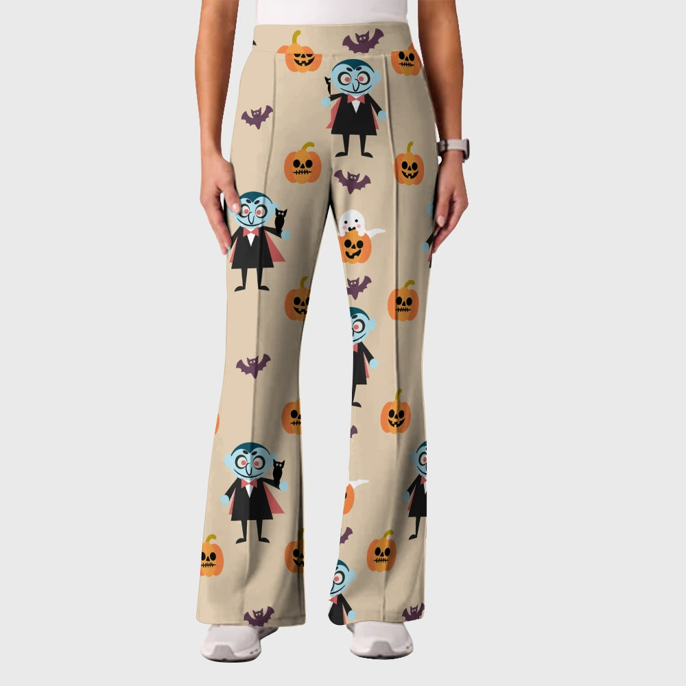 Women's Casual Shirt Collar Halloween Printed Scrub Set SJ92715