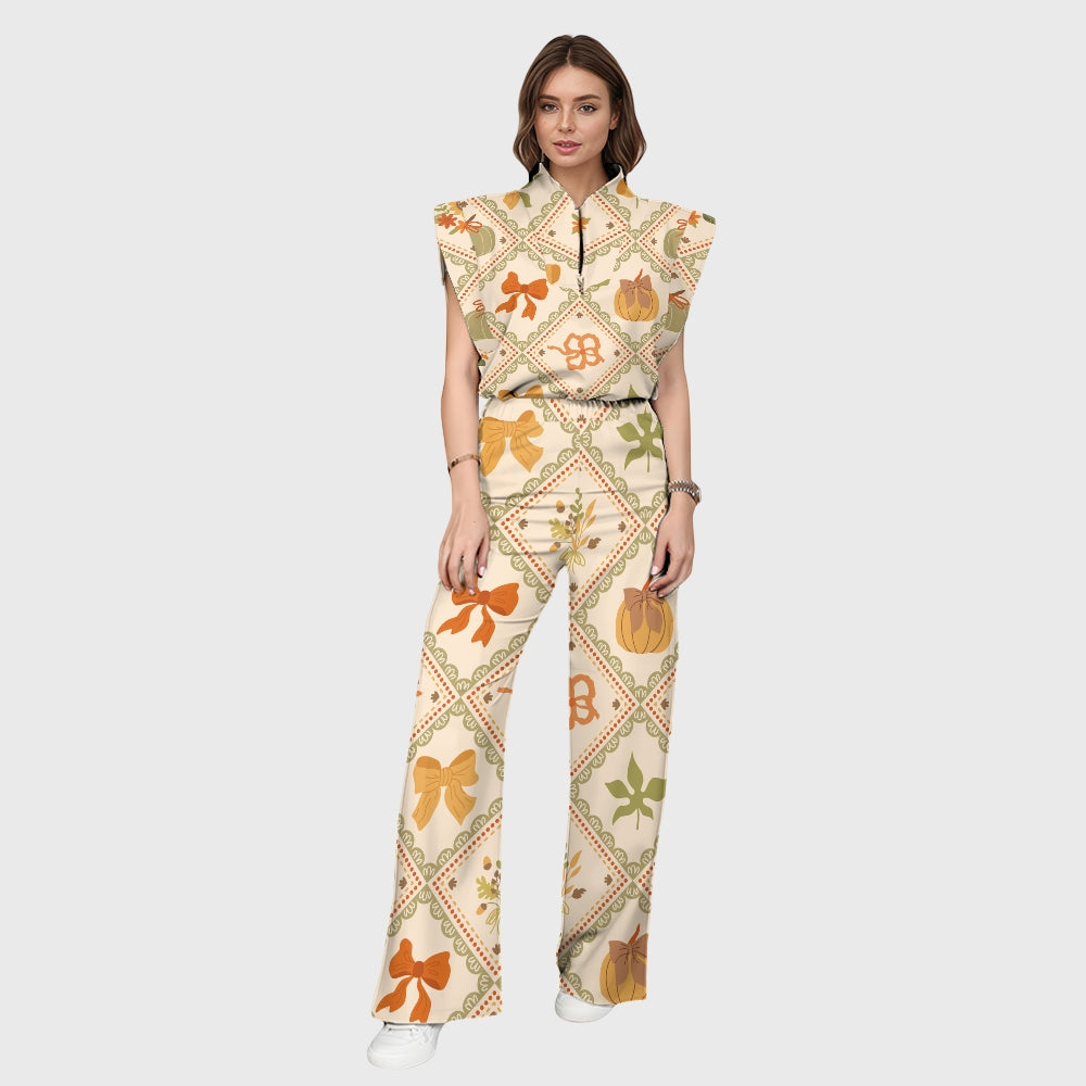 Women's Stand-Up Tie Zipper Halloween Printed Scrub Set SW92714