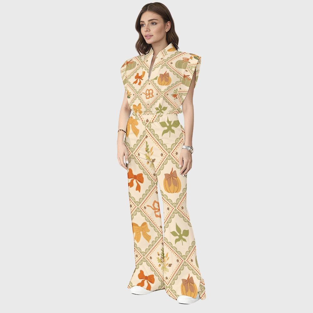 Women's Stand-Up Tie Zipper Halloween Printed Scrub Set SW92714