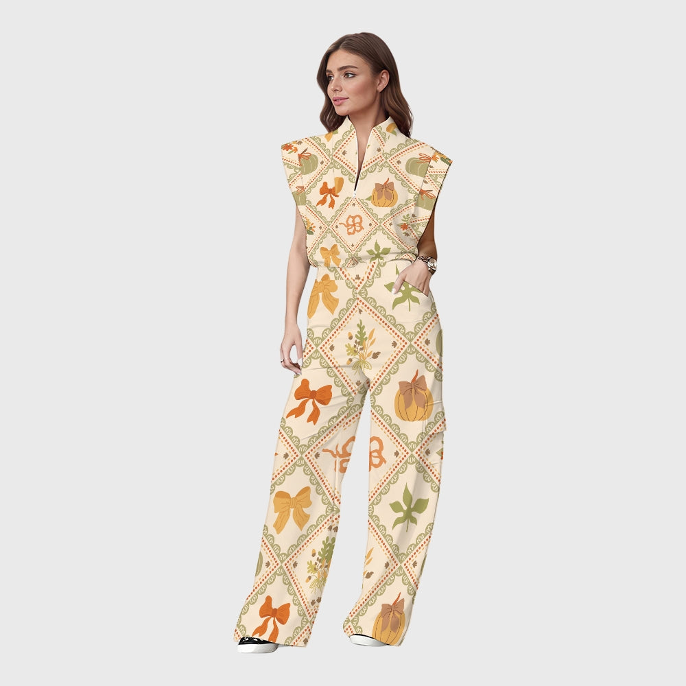 Women's Stand-Up Tie Zipper Halloween Printed Scrub Set SW92714