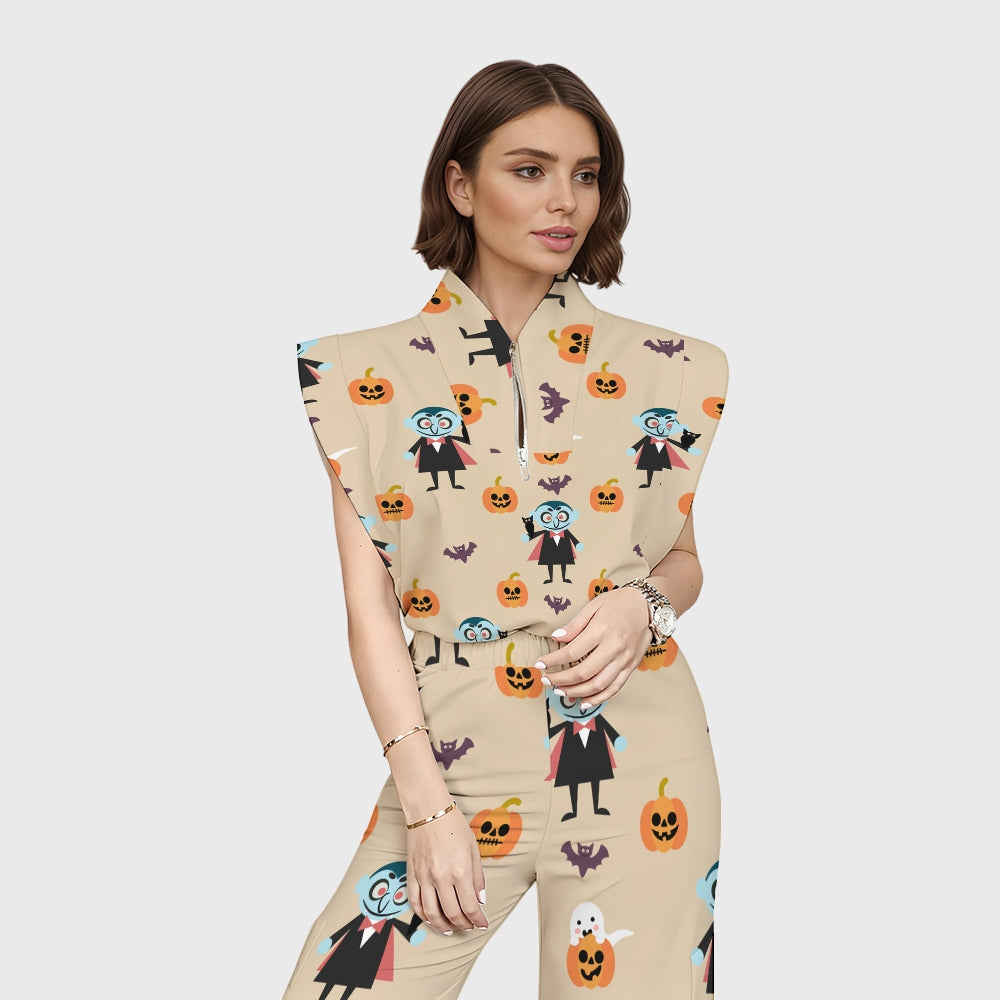 Women's Stand-Up Tie Zipper Halloween Printed Scrub Set SW92715