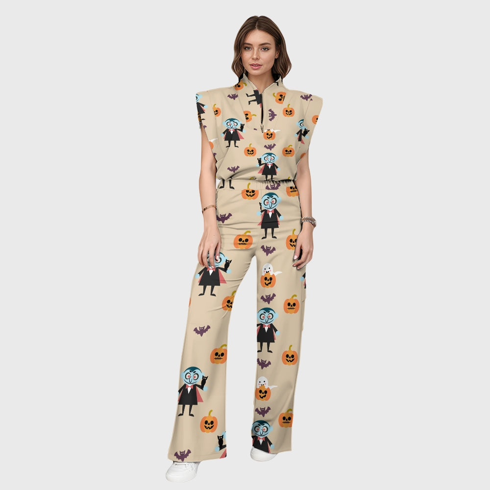 Women's Stand-Up Tie Zipper Halloween Printed Scrub Set SW92715
