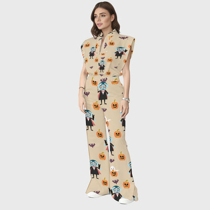Women's Stand-Up Tie Zipper Halloween Printed Scrub Set SW92715