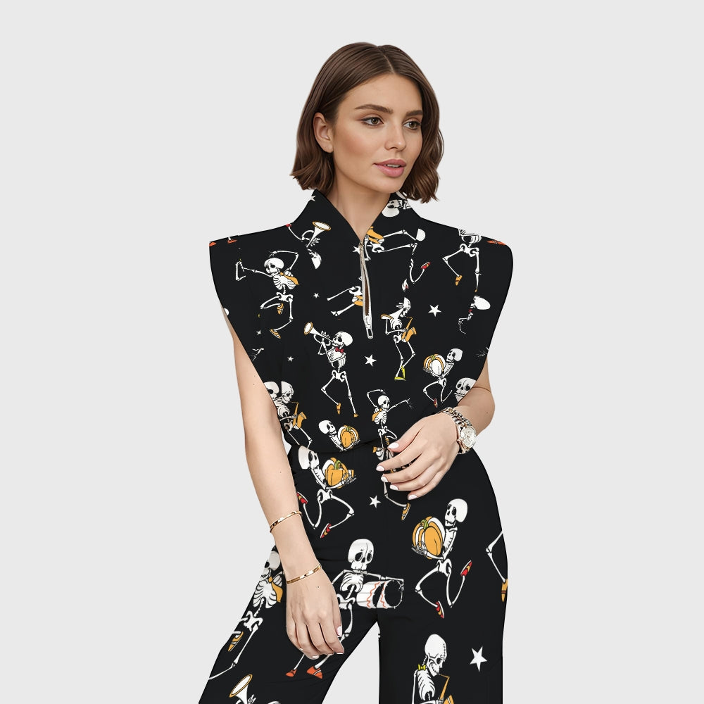 Women's Stand-Up Tie Zipper Halloween Printed Scrub Set SW92716