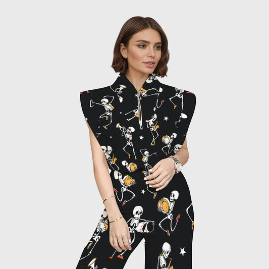 Women's Stand-Up Tie Zipper Halloween Printed Scrub Set SW92716