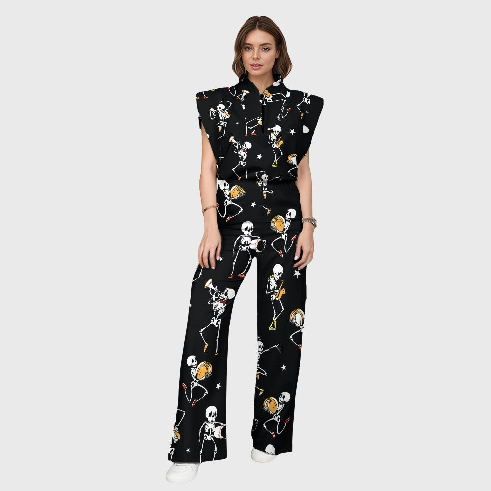 Women's Stand-Up Tie Zipper Halloween Printed Scrub Set SW92716