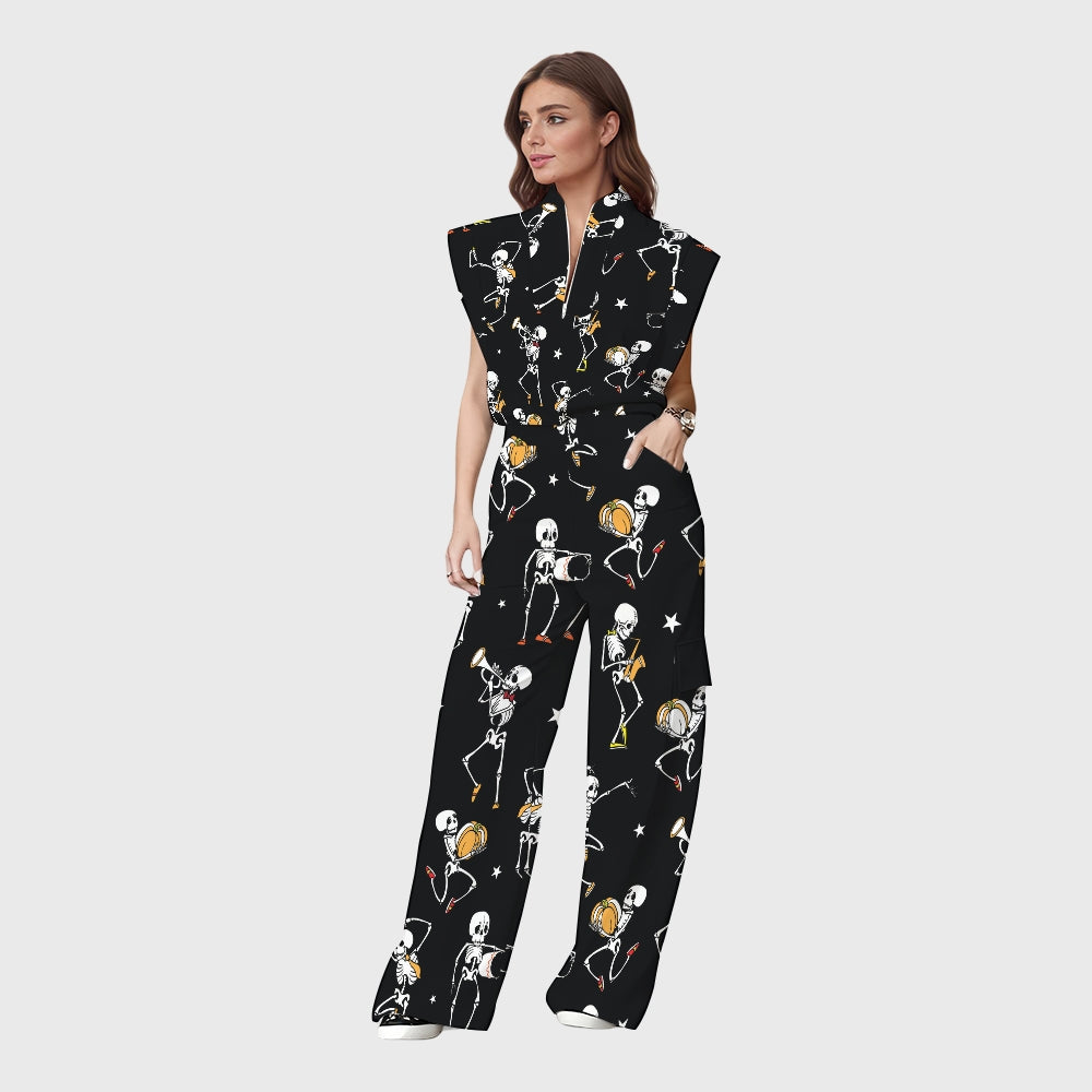 Women's Stand-Up Tie Zipper Halloween Printed Scrub Set SW92716
