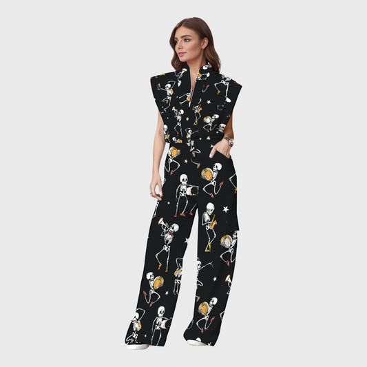 Women's Stand-Up Tie Zipper Halloween Printed Scrub Set SW92716