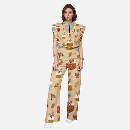Women's Stand-Up Tie Zipper Halloween Printed Scrub Set SW92717