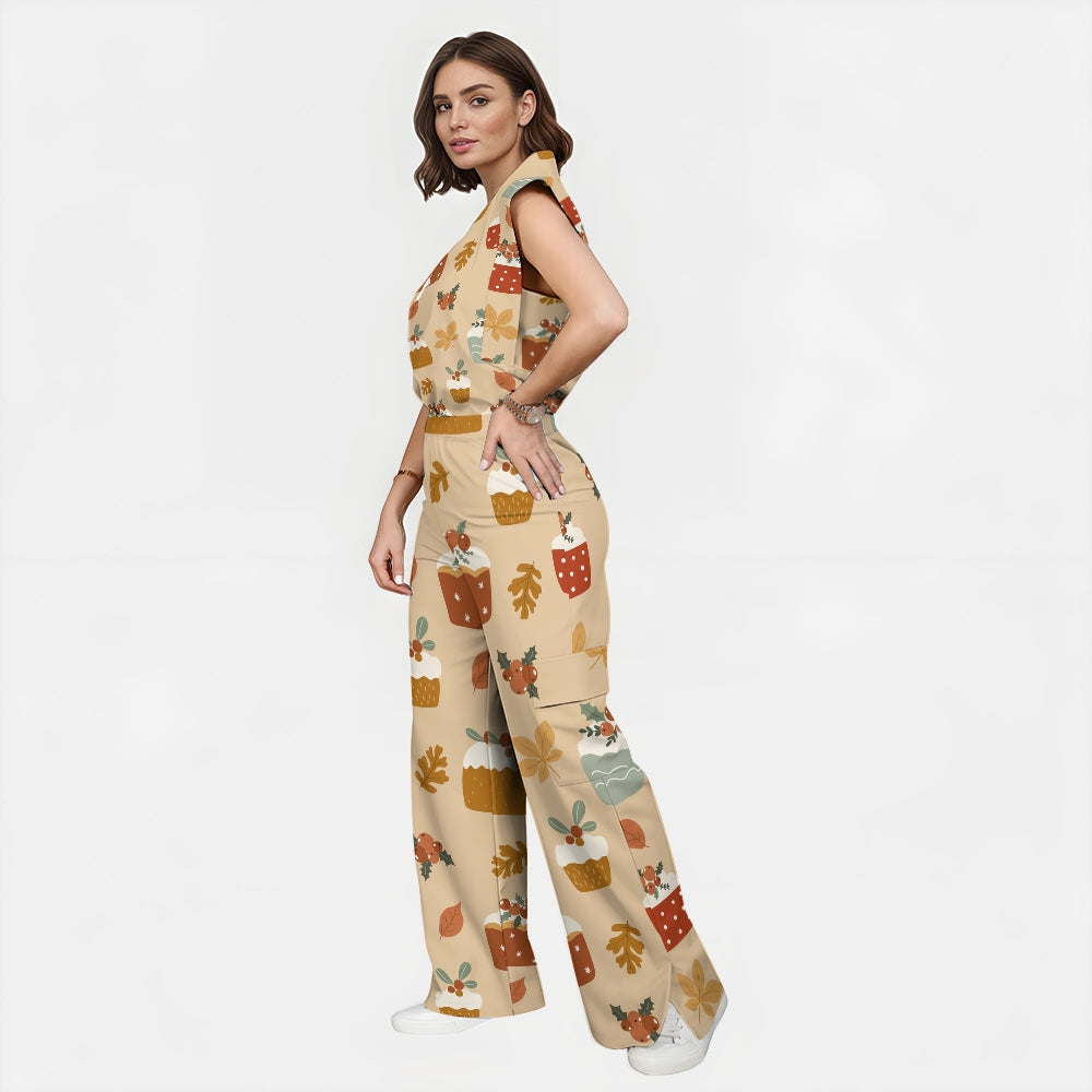 Women's Stand-Up Tie Zipper Halloween Printed Scrub Set SW92717