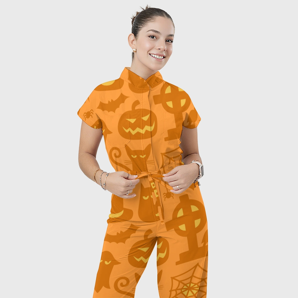Women's Stand Collar Waist Tie Halloween Print Scrub Jumpsuit JW10131