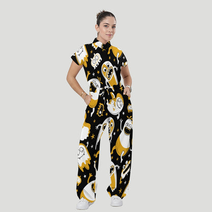 Women's Stand Collar Waist Tie Halloween Print Scrub Jumpsuit JW10133