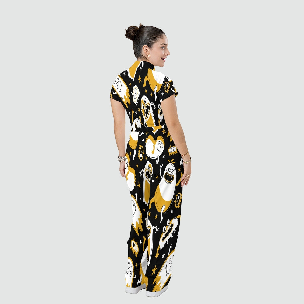 Women's Stand Collar Waist Tie Halloween Print Scrub Jumpsuit JW10133