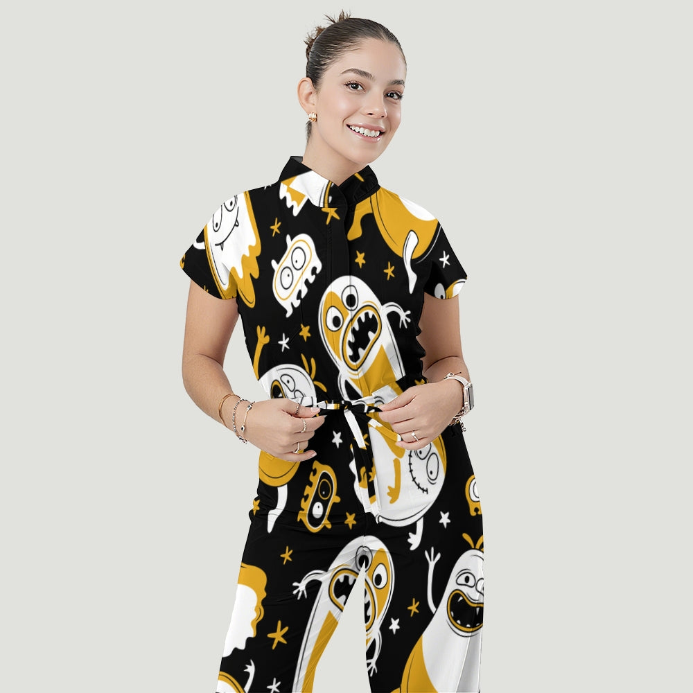 Women's Stand Collar Waist Tie Halloween Print Scrub Jumpsuit JW10133