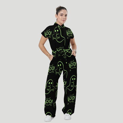 Women's Stand Collar Waist Tie Halloween Print Scrub Jumpsuit JW10137