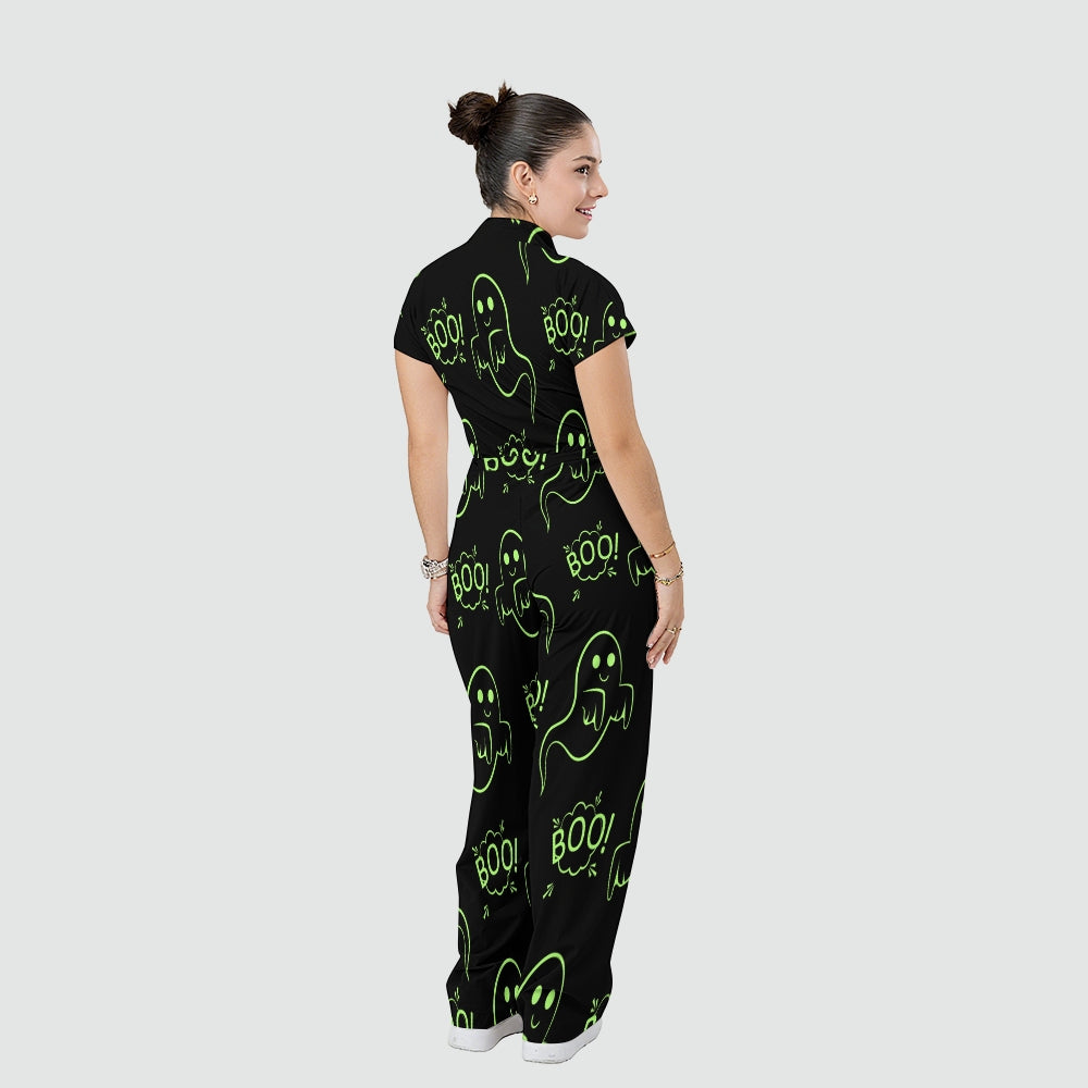 Women's Stand Collar Waist Tie Halloween Print Scrub Jumpsuit JW10137