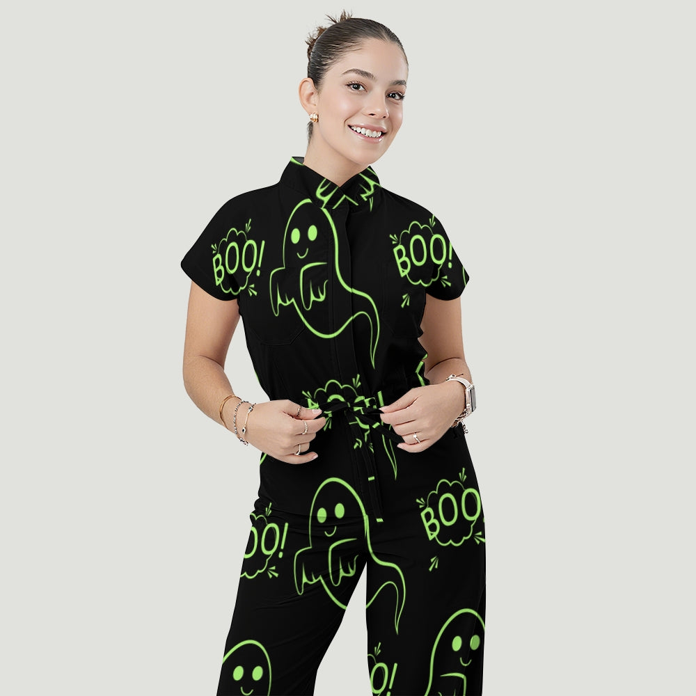 Women's Stand Collar Waist Tie Halloween Print Scrub Jumpsuit JW10137