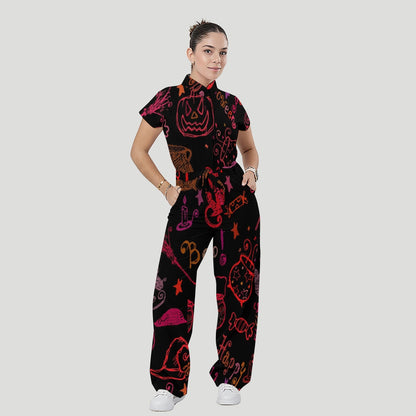 Women's Stand Collar Waist Tie Halloween Print Scrub Jumpsuit JW101311