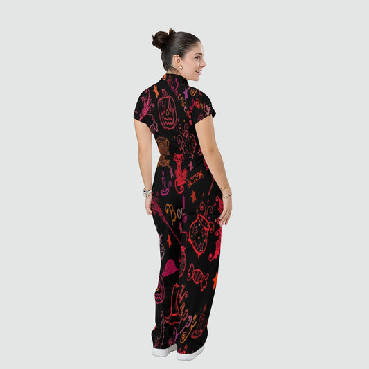 Women's Stand Collar Waist Tie Halloween Print Scrub Jumpsuit JW101311