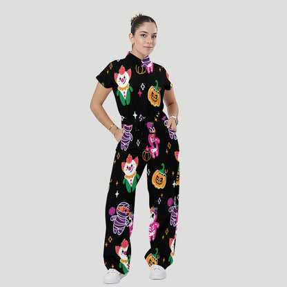 Women's Stand Collar Waist Tie Halloween Print Scrub Jumpsuit JW101315