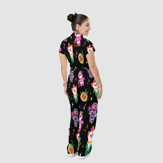 Women's Stand Collar Waist Tie Halloween Print Scrub Jumpsuit JW101315