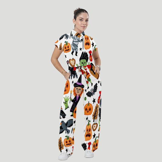 Women's Stand Collar Waist Tie Halloween Print Scrub Jumpsuit JW101316