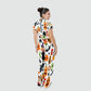 Women's Stand Collar Waist Tie Halloween Print Scrub Jumpsuit JW101316