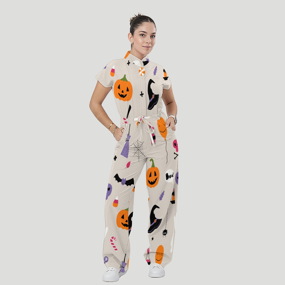 Women's Stand Collar Waist Tie Halloween Print Scrub Jumpsuit JW101317