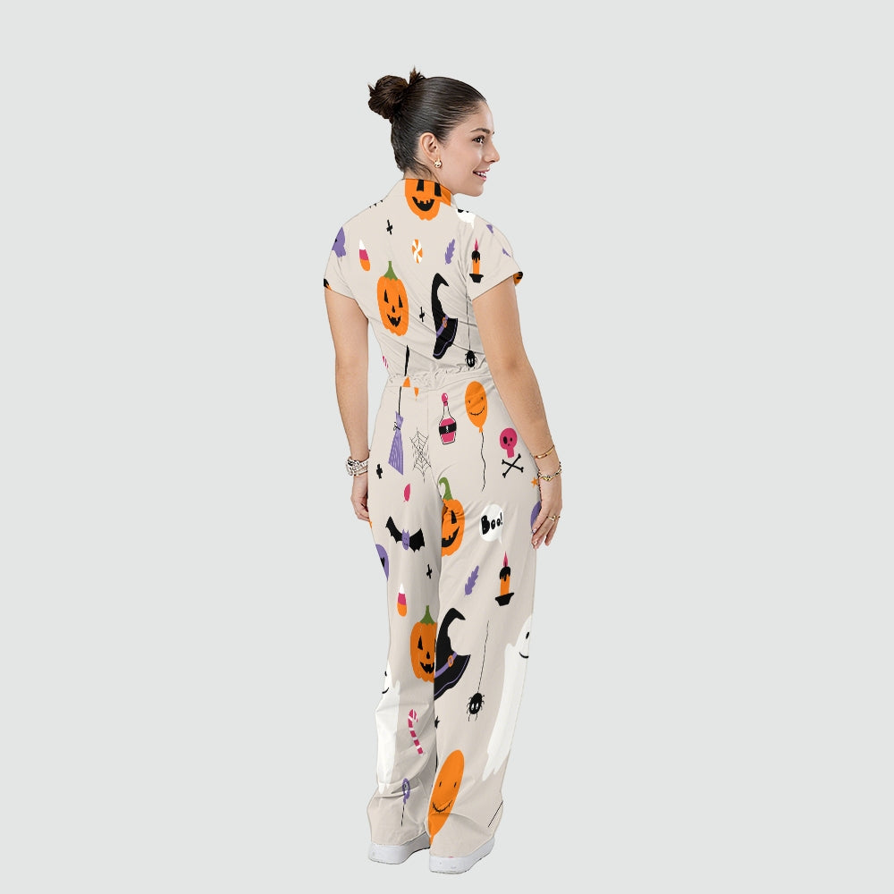 Women's Stand Collar Waist Tie Halloween Print Scrub Jumpsuit JW101317