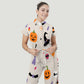 Women's Stand Collar Waist Tie Halloween Print Scrub Jumpsuit JW101317