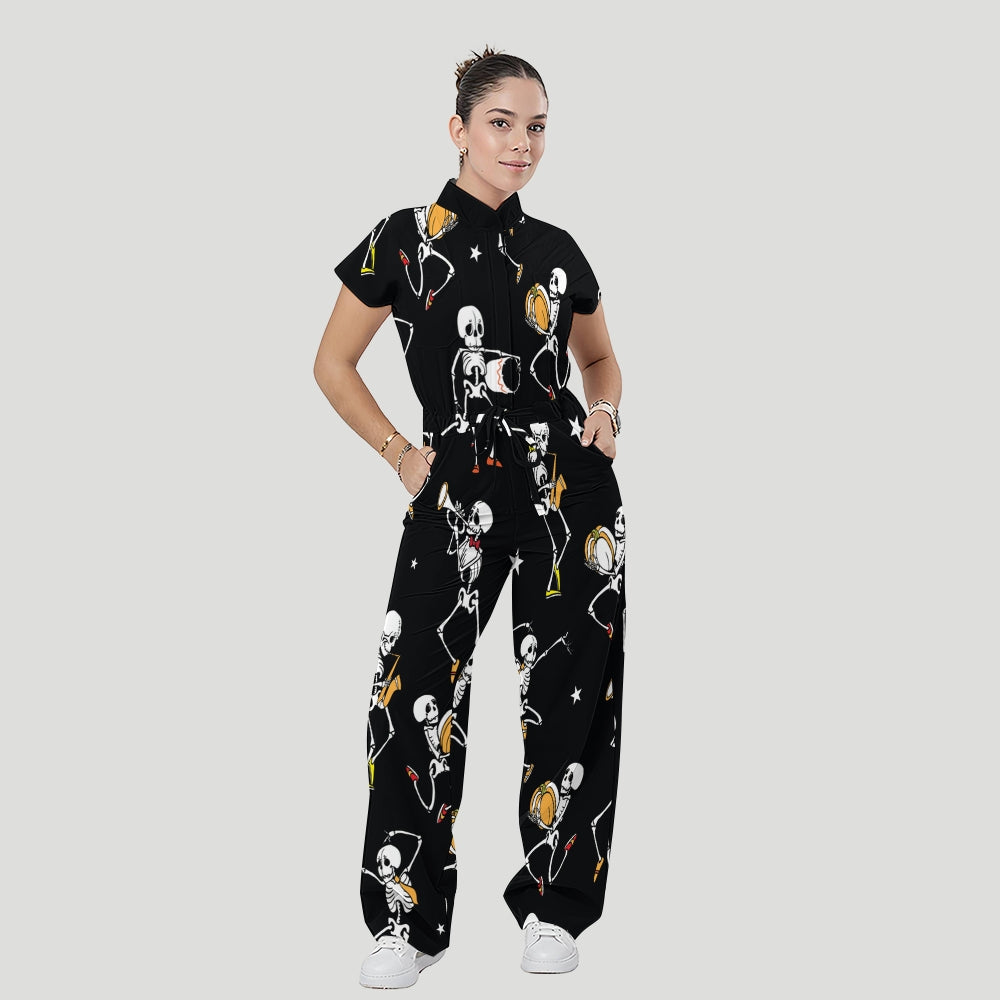 Women's Stand Collar Waist Tie Halloween Print Scrub Jumpsuit JW101318