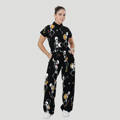 Women's Stand Collar Waist Tie Halloween Print Scrub Jumpsuit JW101318