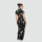 Women's Stand Collar Waist Tie Halloween Print Scrub Jumpsuit JW101318