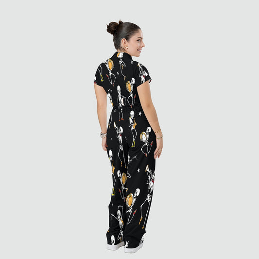 Women's Stand Collar Waist Tie Halloween Print Scrub Jumpsuit JW101318