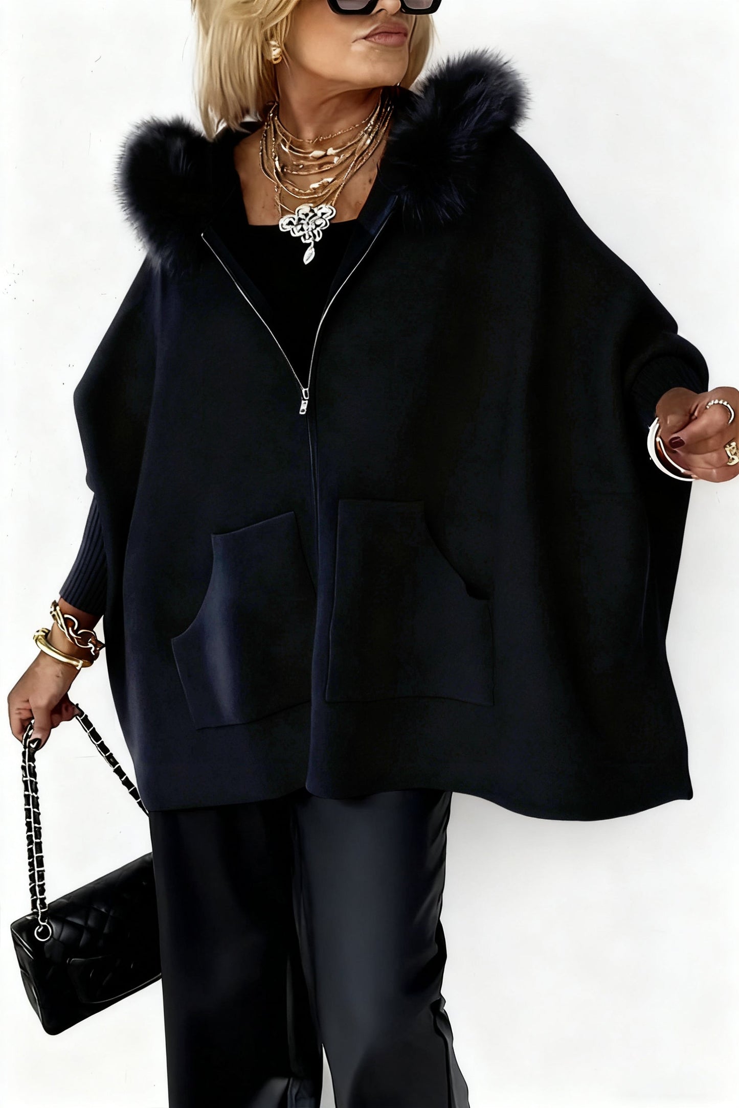 Women Fur Collar Solid Color Casual Jacket