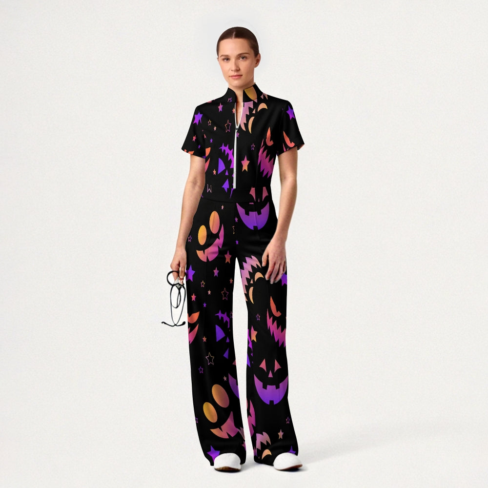 Women's Slim Fit Wide Leg Zip Neck Halloween Printed Scrub Jumpsuit JW10141