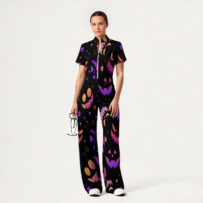 Women's Slim Fit Wide Leg Zip Neck Halloween Printed Scrub Jumpsuit JW10141