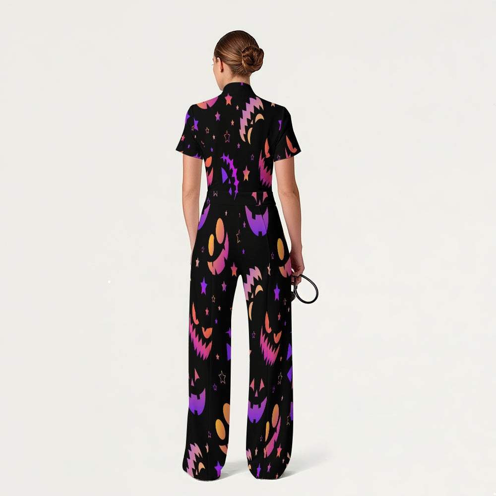 Women's Slim Fit Wide Leg Zip Neck Halloween Printed Scrub Jumpsuit JW10141