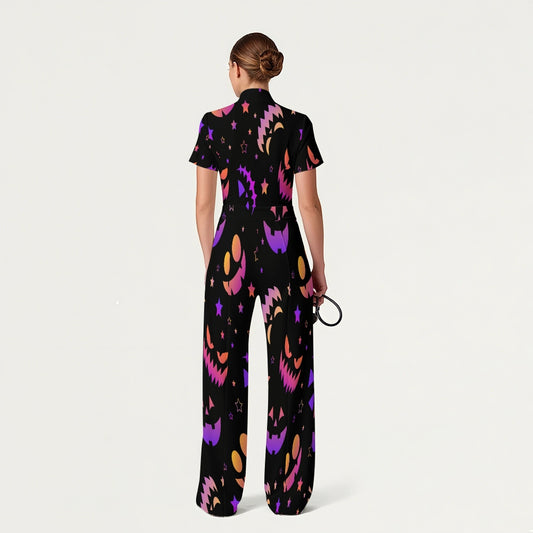 Women's Slim Fit Wide Leg Zip Neck Halloween Printed Scrub Jumpsuit JW10141