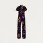 Women's Slim Fit Wide Leg Zip Neck Halloween Printed Scrub Jumpsuit JW10141