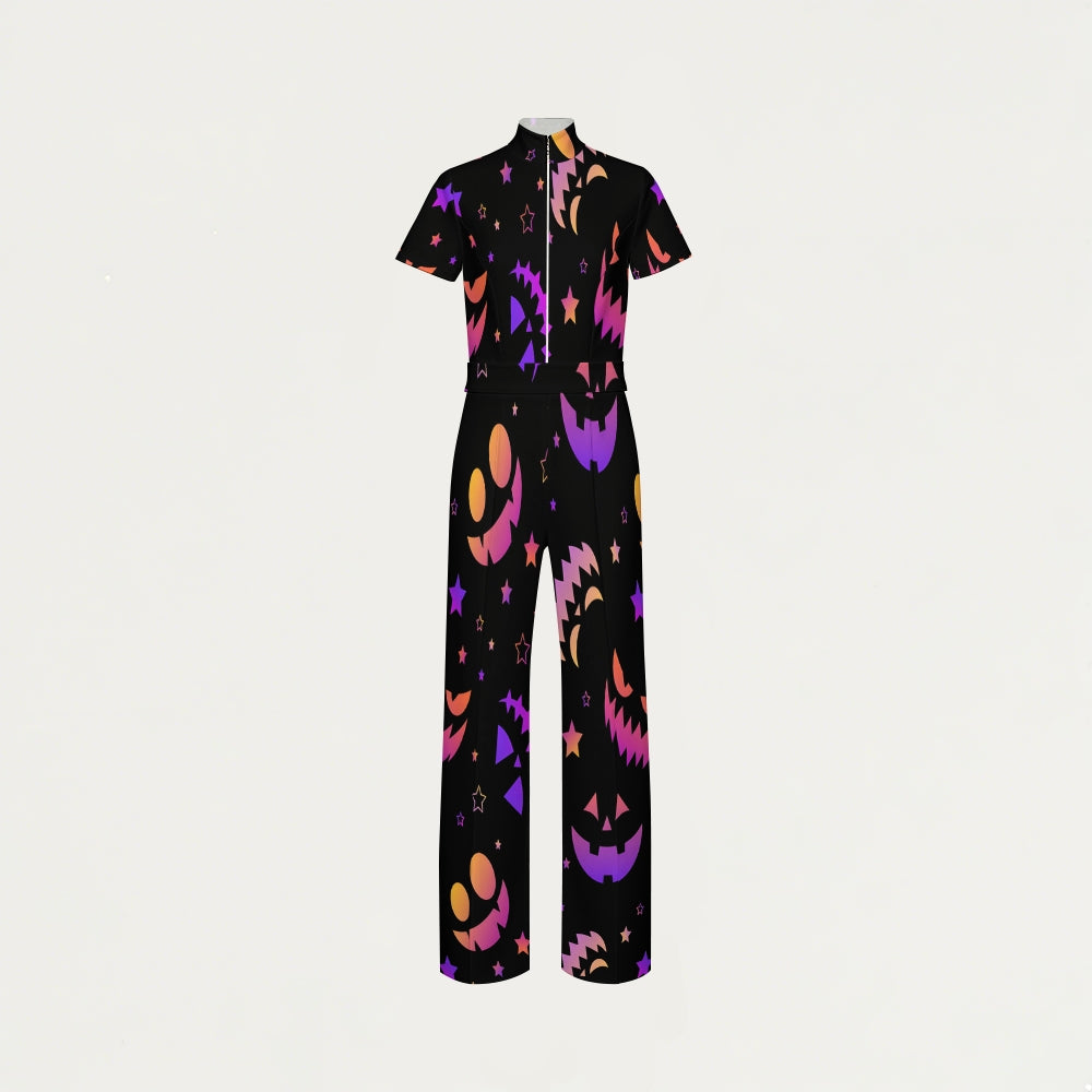 Women's Slim Fit Wide Leg Zip Neck Halloween Printed Scrub Jumpsuit JW10141