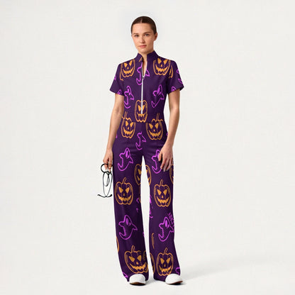 Women's Slim Fit Wide Leg Zip Neck Halloween Printed Scrub Jumpsuit JW10142