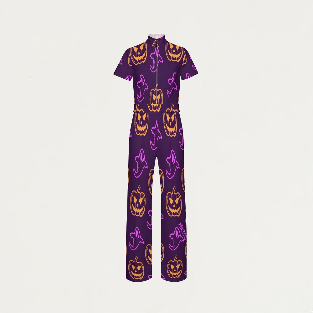 Women's Slim Fit Wide Leg Zip Neck Halloween Printed Scrub Jumpsuit JW10142