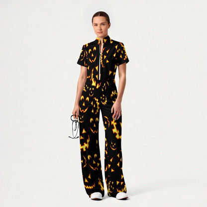 Women's Slim Fit Wide Leg Zip Neck Halloween Printed Scrub Jumpsuit JW10143
