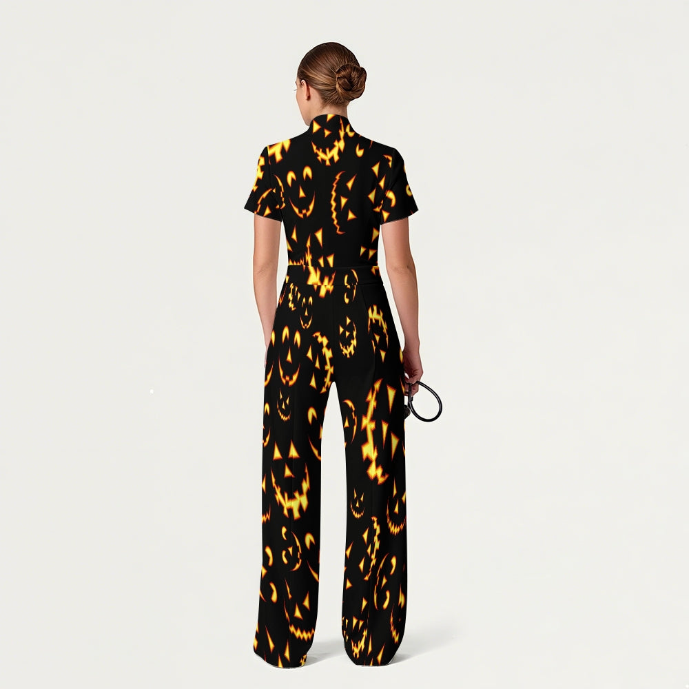 Women's Slim Fit Wide Leg Zip Neck Halloween Printed Scrub Jumpsuit JW10143