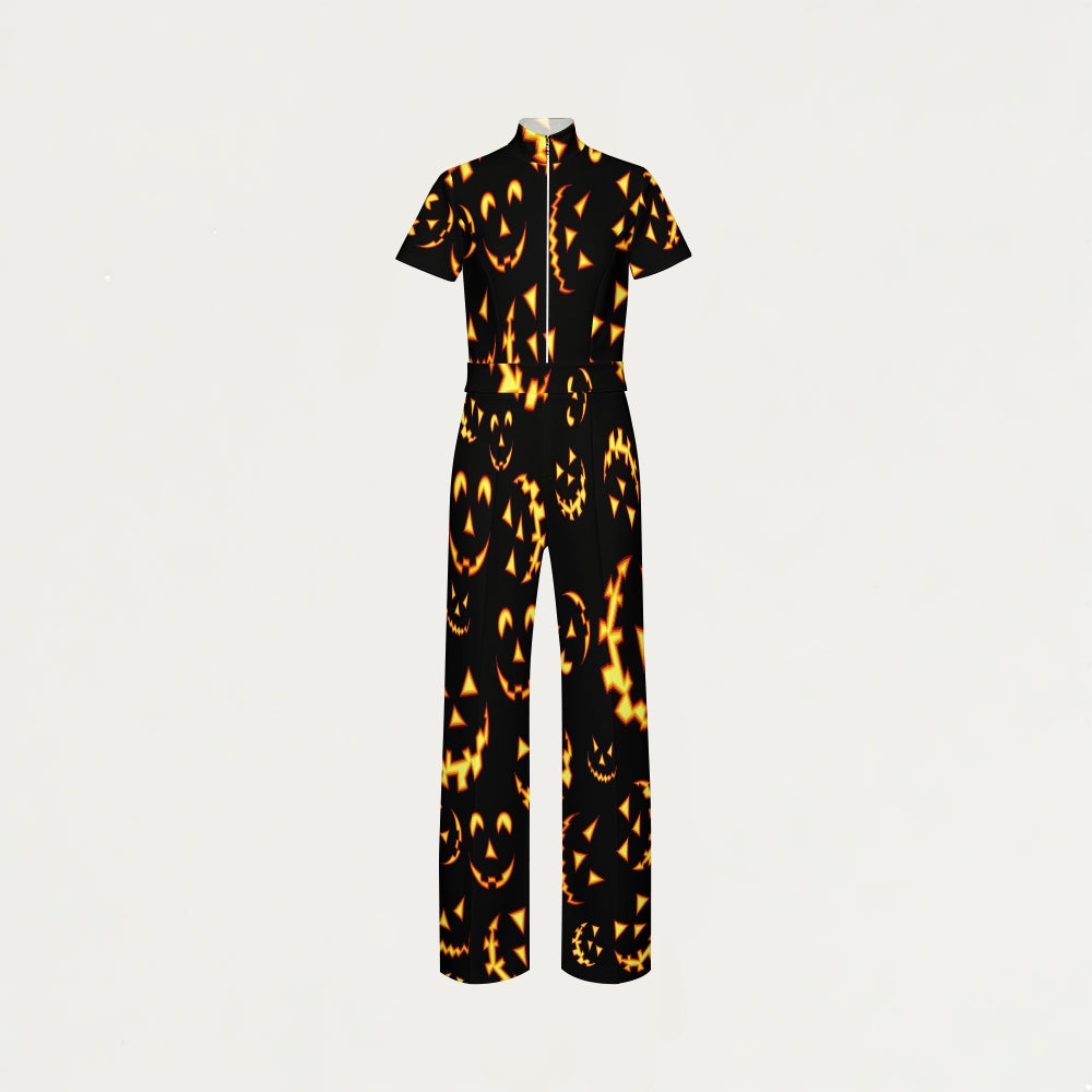 Women's Slim Fit Wide Leg Zip Neck Halloween Printed Scrub Jumpsuit JW10143