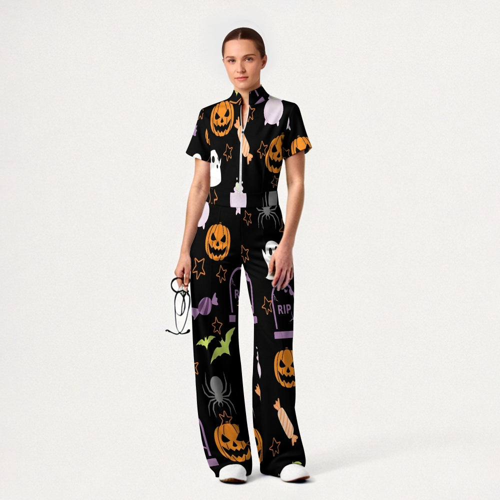 Women's Slim Fit Wide Leg Zip Neck Halloween Printed Scrub Jumpsuit JW10144