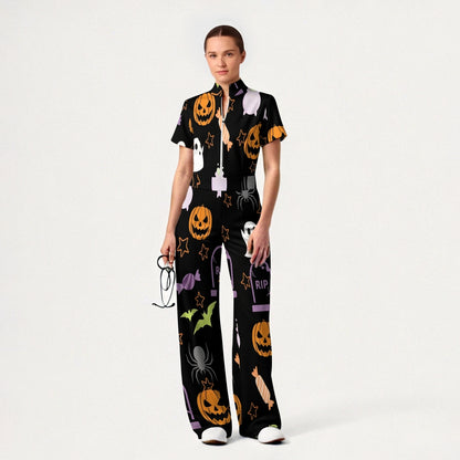 Women's Slim Fit Wide Leg Zip Neck Halloween Printed Scrub Jumpsuit JW10144