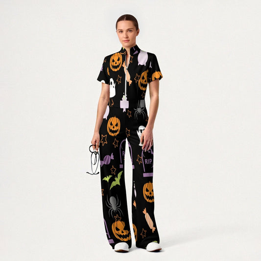 Women's Slim Fit Wide Leg Zip Neck Halloween Printed Scrub Jumpsuit JW10144